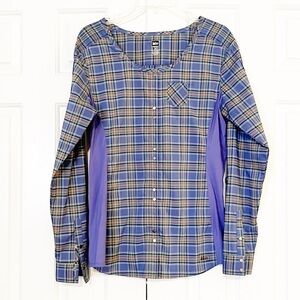 REI Blue, Pink, Green, Yellow Plaid Button-Up Snap Long Sleeve Shirt w Pocket. M